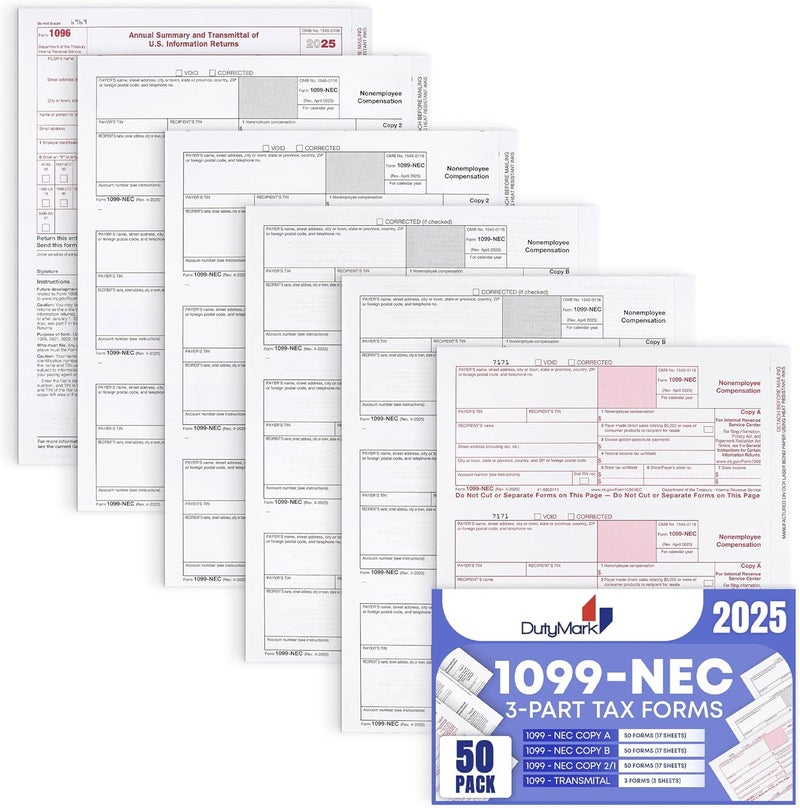 Dutymark 1099 NEC Forms 2025, 50 Pack 3 Part Laser Tax Forms Kit Pack of Federal/State Copy's, 1096's. Great for QuickBooks and Accounting Software, 2025, 1099-NEC 50 Pack - Image 1